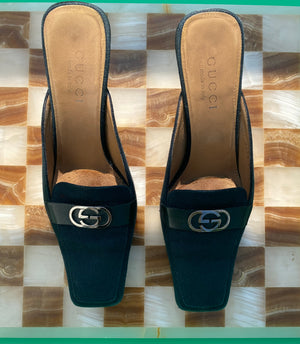 Vintage Gucci Black Canvas Heeled Mules with Logo