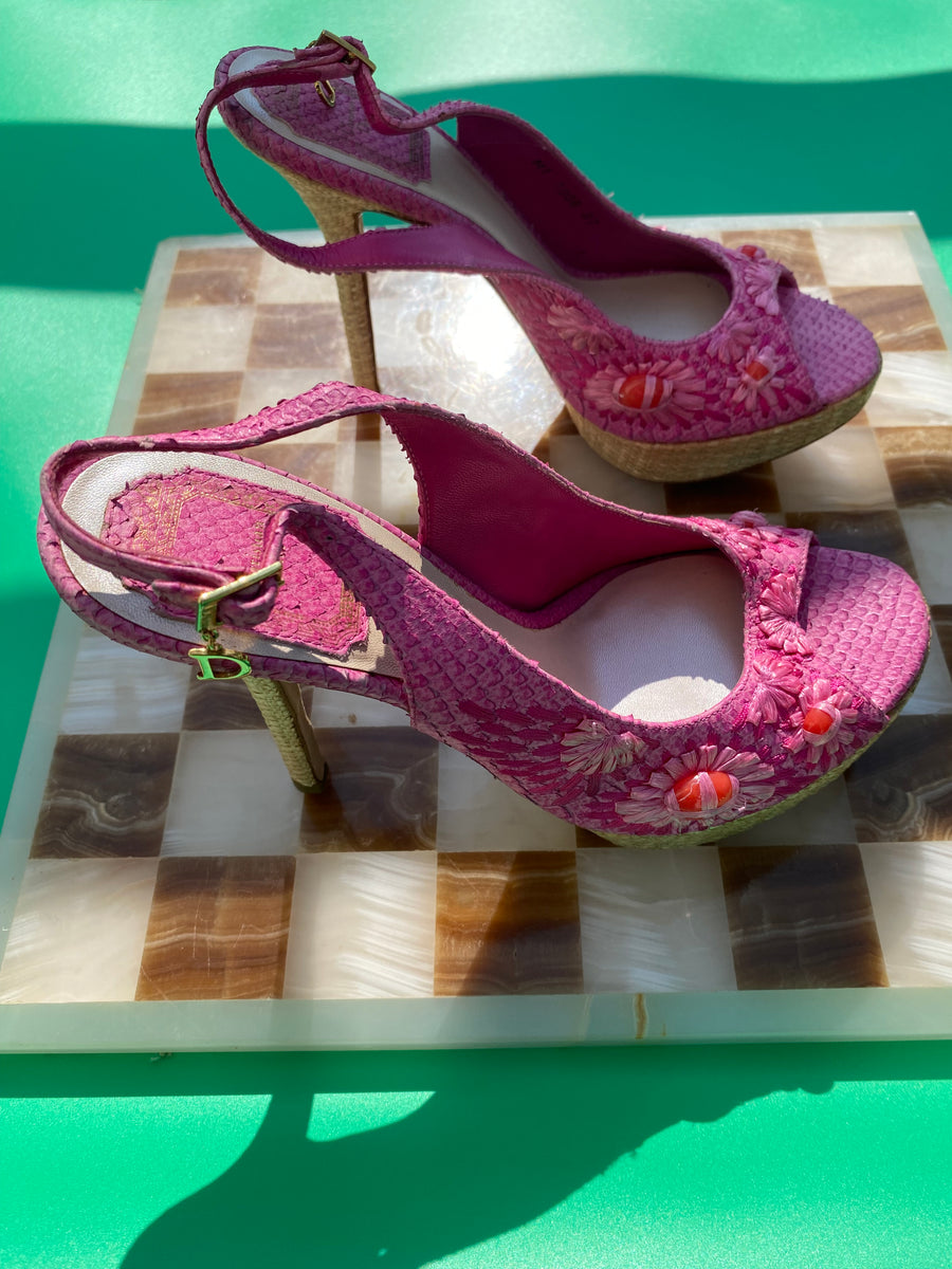 Vintage Dior Pink Python And Raffia Embellished Platform