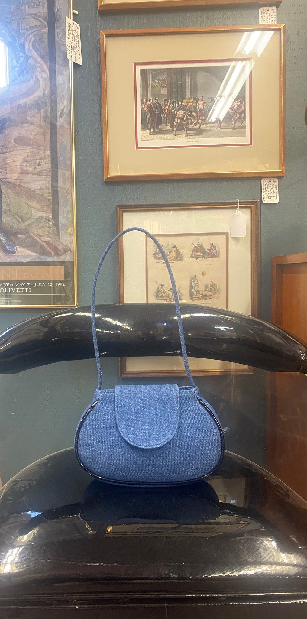 For the Ages Ineva Baguette in Dark Blue Denim and Faux Black Patent Piping