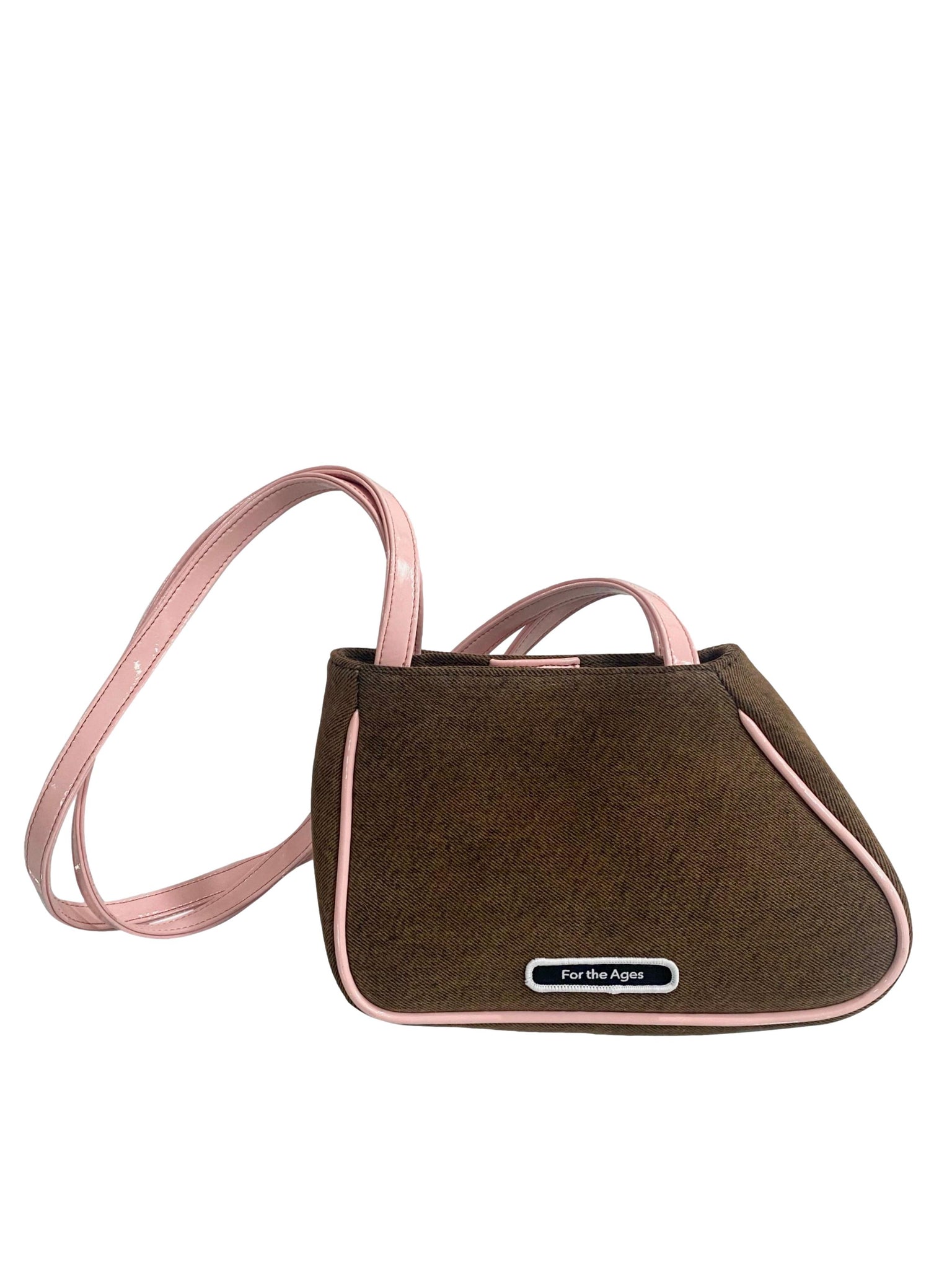 Sophia Asymmetrical Small Tote in Brown Denim and Baby Pink Faux Patent Piping