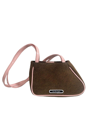 Sophia Asymmetrical Small Tote in Brown Denim and Baby Pink Faux Patent Piping