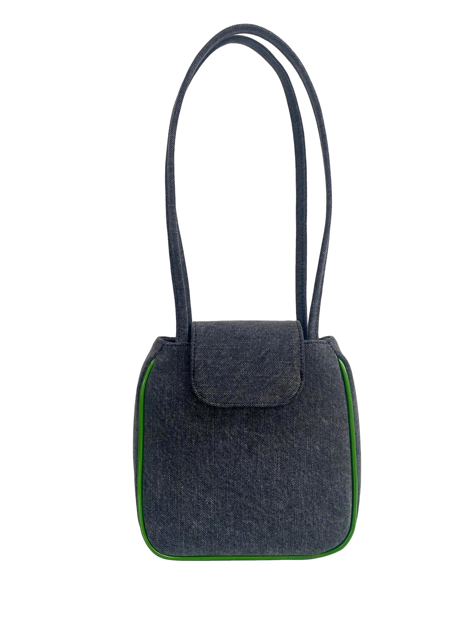 Yoko Tote in Grey Denim and Grass Green Faux Leather Piping