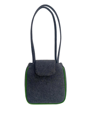 Yoko Tote in Grey Denim and Grass Green Faux Leather Piping