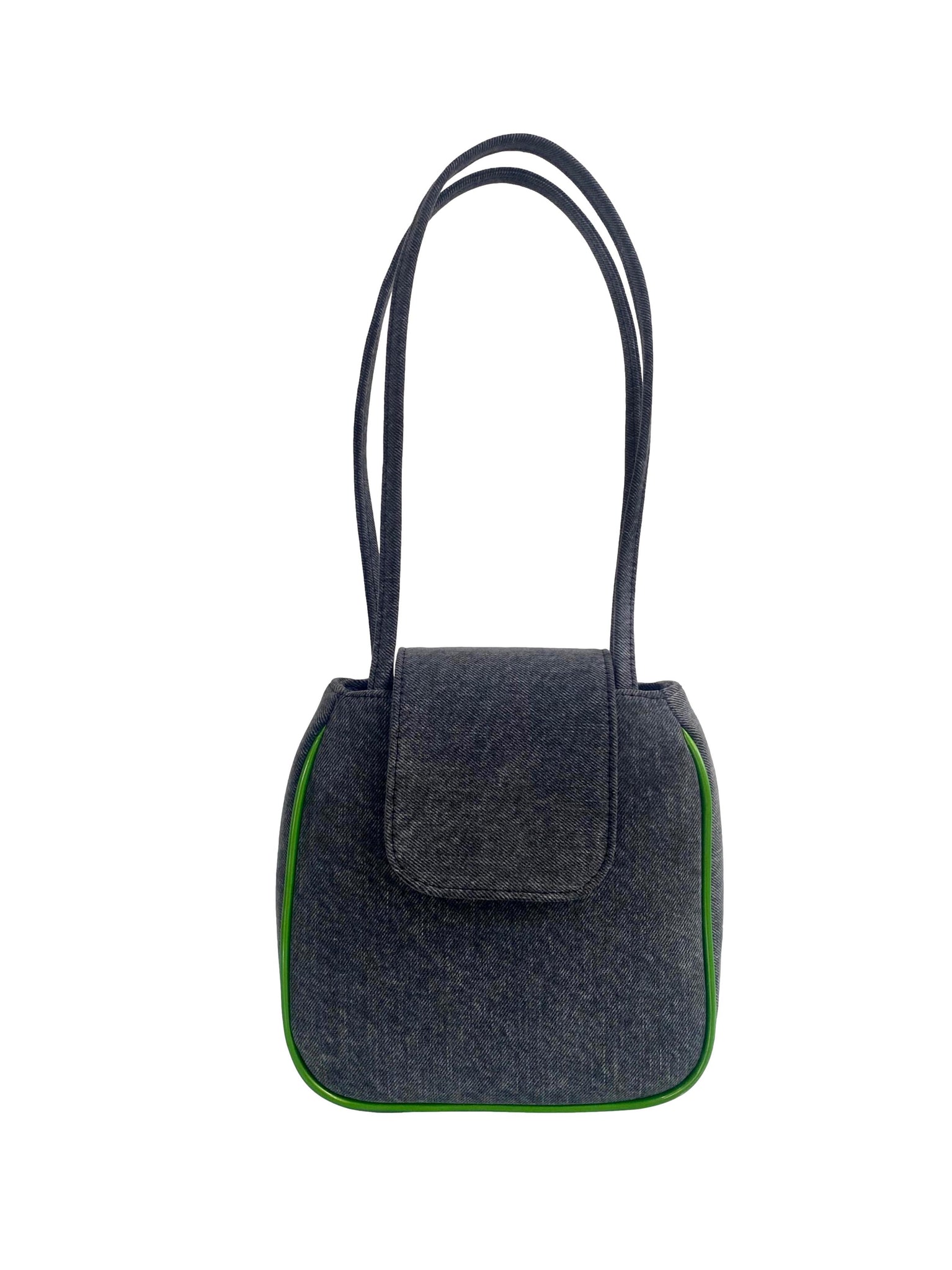 Yoko Tote in Grey Denim and Grass Green Faux Leather Piping