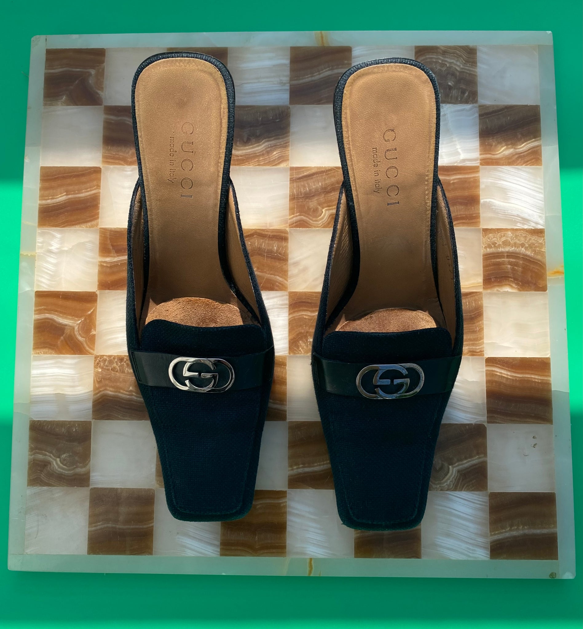 Gucci Vintage Canvas Heeled Mules with Logo