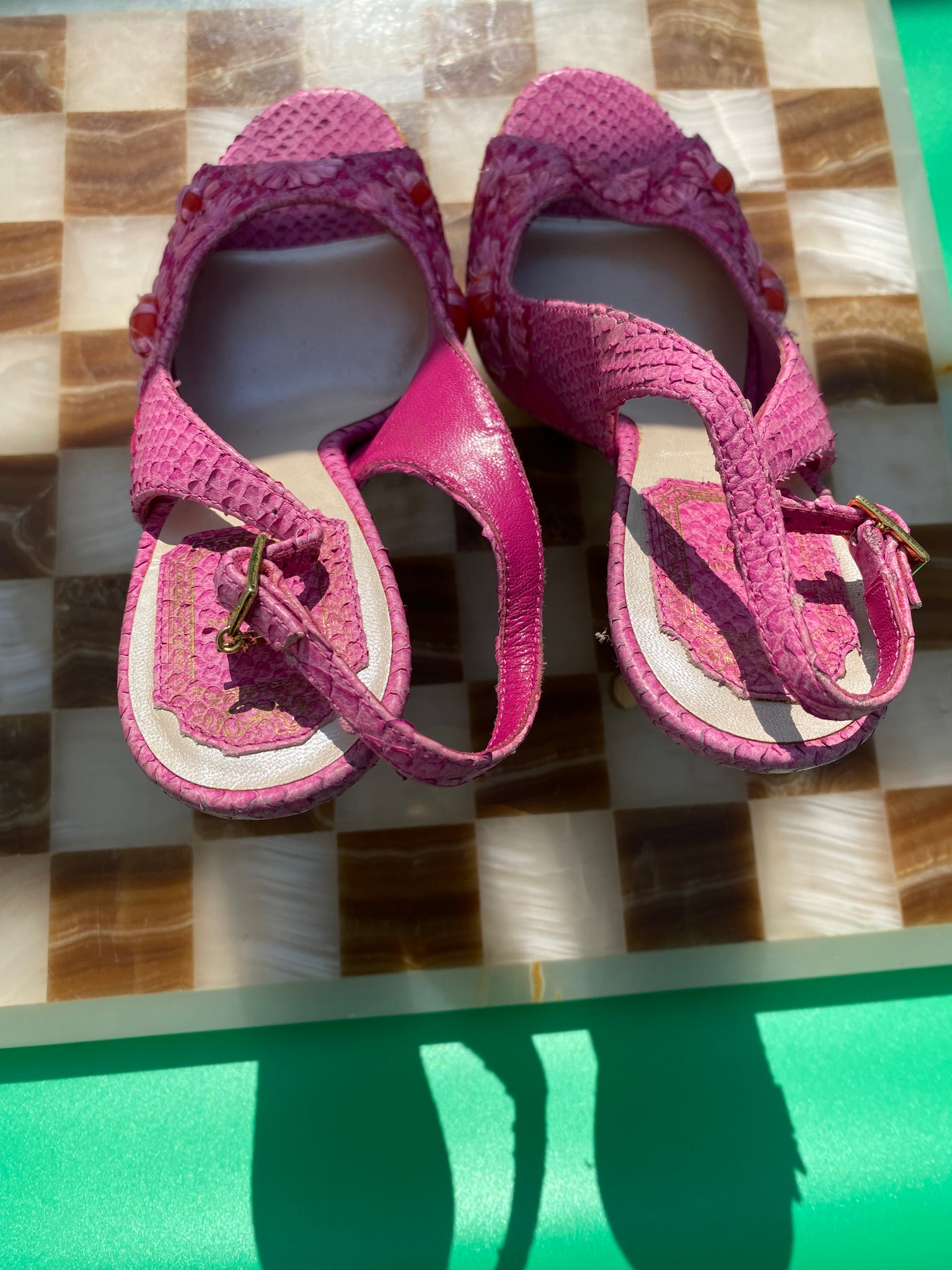 Vintage Dior Pink Python And Raffia Embellished Platform Sandals