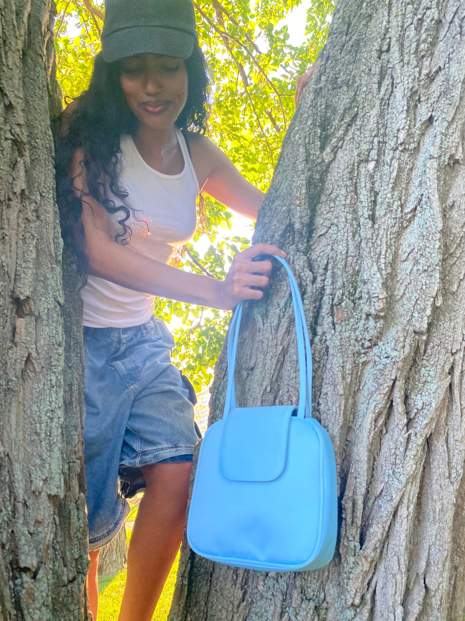 Yoko Tote in Matte Finish Sky Blue Polyester Satin