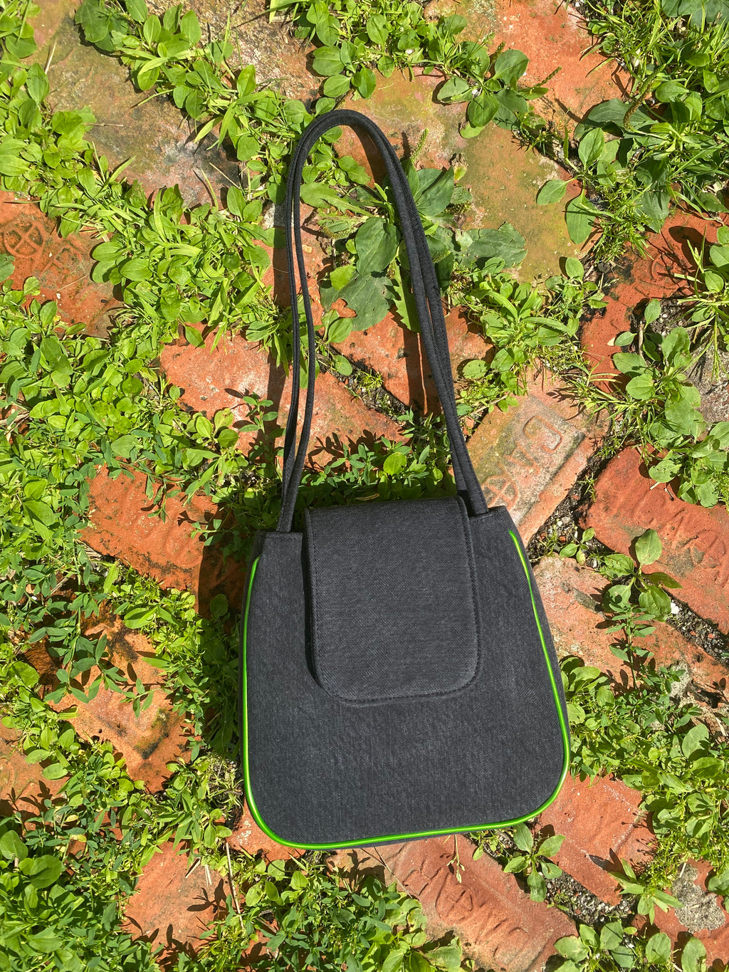 *SPECIAL PRICING* Yoko Tote in (Black) Grey Denim and Grass Green Faux Leather Piping