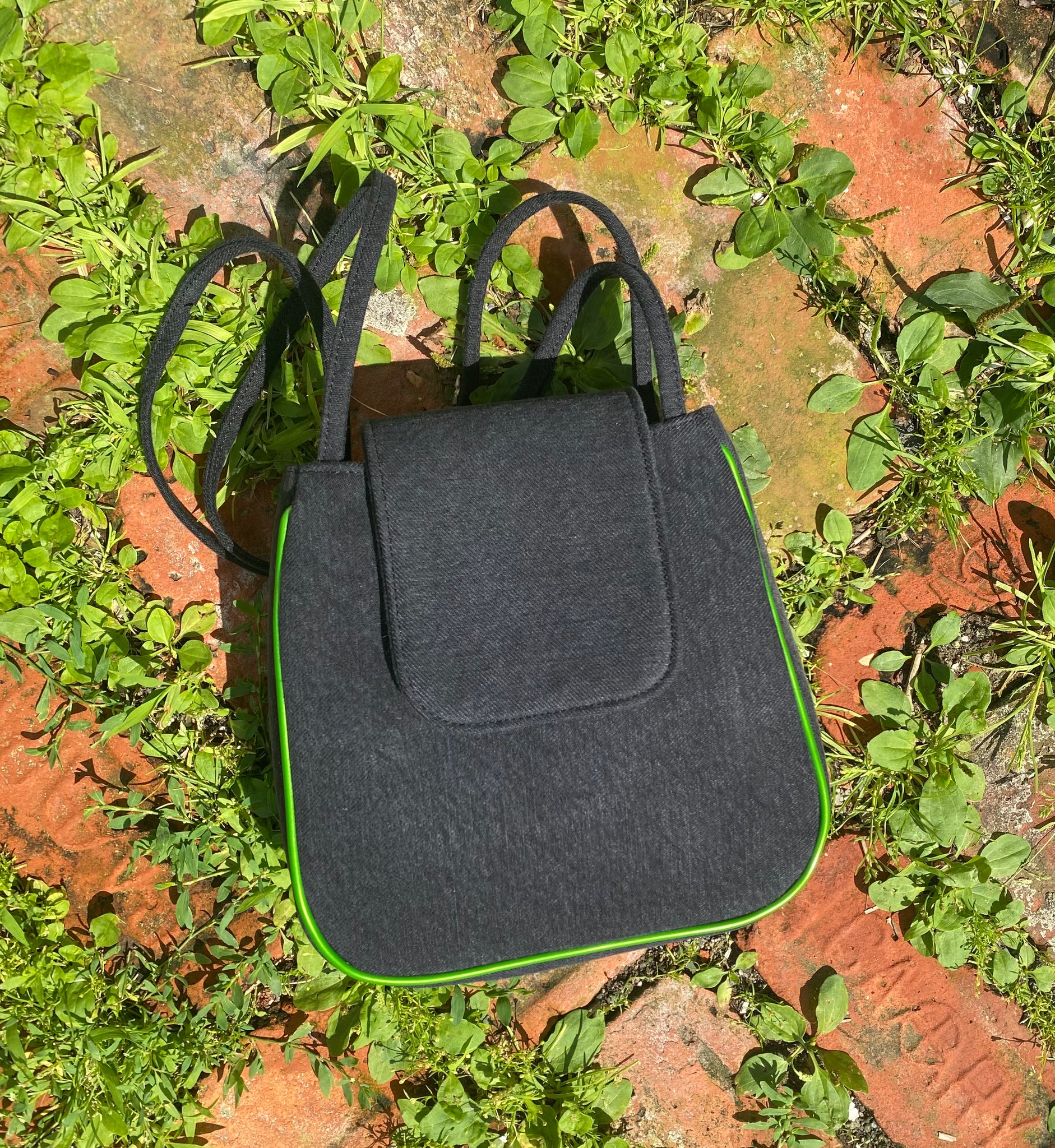 *SPECIAL PRICING* Yoko Tote in (Black) Grey Denim and Grass Green Faux Leather Piping
