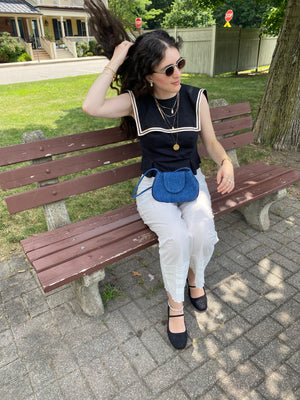 For the Ages Ineva Baguette in Dark Blue Denim and Faux Black Patent Piping