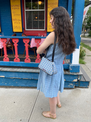 Sophia Asymmetrical Small Tote in Bijou Blue and Gray Cotton Twill Plaid