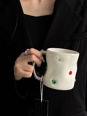 Handmade Ceramic Gemstone Coffee Mugs with Wavy Handle