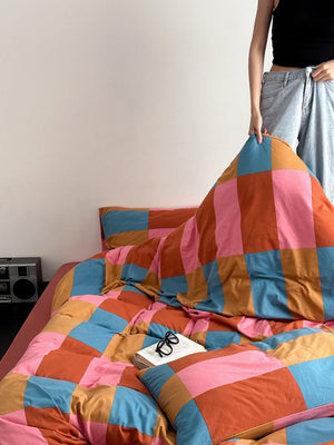 100% Cotton Rainbow Checker Queen Duvet Cover Set With Pillowcases & Fitted Sheet