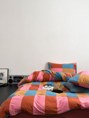 100% Cotton Rainbow Checker Queen Duvet Cover Set With Pillowcases & Fitted Sheet