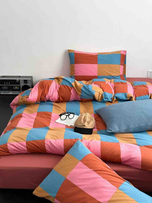 100% Cotton Rainbow Checker Queen Duvet Cover Set With Pillowcases & Fitted Sheet