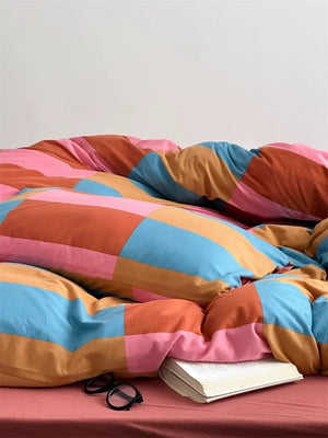 100% Cotton Rainbow Checker Queen Duvet Cover Set With Pillowcases & Fitted Sheet