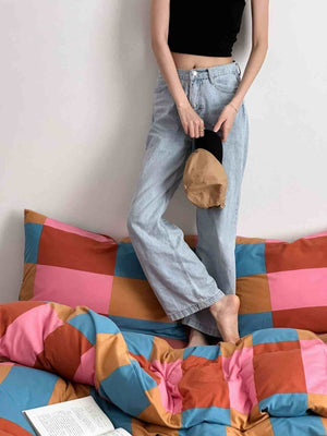 100% Cotton Rainbow Checker Queen Duvet Cover Set With Pillowcases & Fitted Sheet