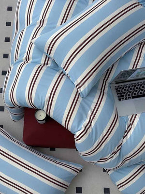 Retro Jersey Knit Blue Stripe Queen Bedding Set with Pillowcases & Fitted Sheet
