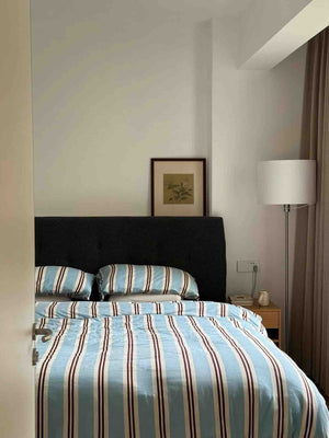 Retro Jersey Knit Blue Stripe Queen Bedding Set with Pillowcases & Fitted Sheet