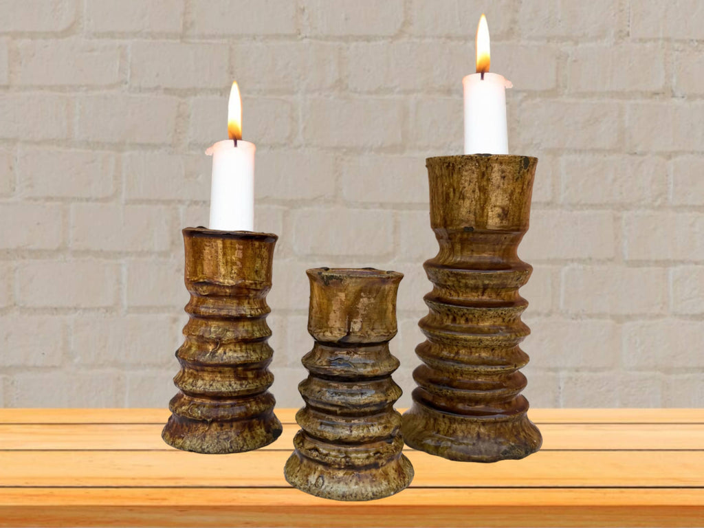 Handmade Moroccan Vintage Tamegroute Ochre Twist Candlestick Holders: Set of 3 Ceramic Glazed Pottery