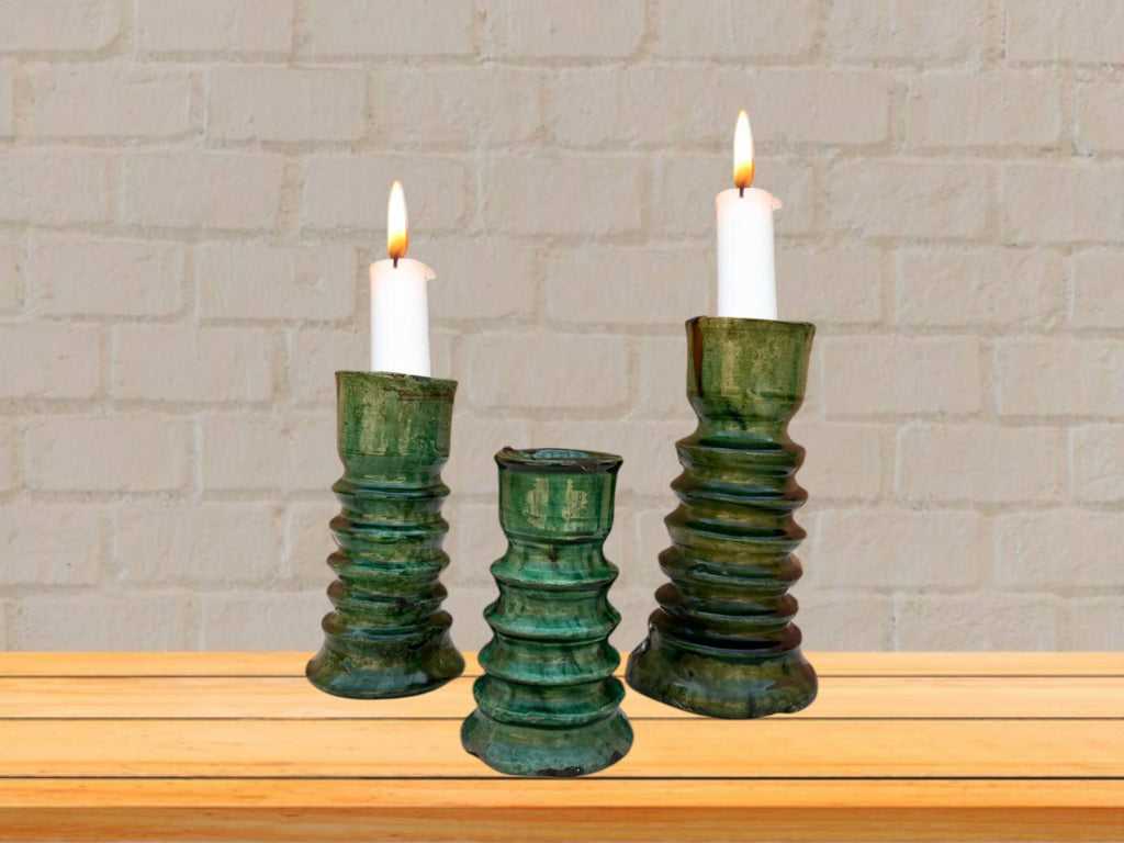 Handmade Moroccan Vintage Tamegroute Green Twist Candlestick Holders: Set of 3 Ceramic Glazed Pottery